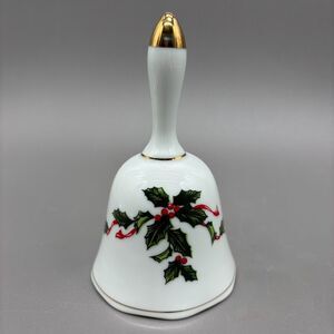 Lefton China Christmas Bell Hand Painted Holly Berry Gold Trim 03035 Japan 1970s